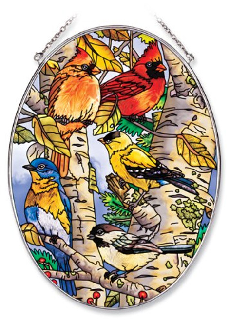 Amia 6433 Large Oval Suncatcher with Songbird Design, 6-1/2-Inch W by 9-Inch L, Hand-painted Glass