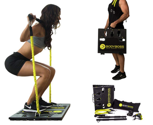 BodyBoss 2.0 - Full Portable Home Gym Workout Package + Resistance Bands - Collapsible Resistance Bar, Handles - Full Body Workouts for Home, Travel or Outside