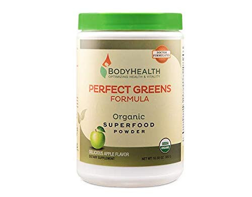 BodyHealth Perfect Greens Formula (30 Svgs) 100% Organic Superfood, 23 Whole Foods (Wheat Grass, Spirulina, etc) Antioxidant, Probiotic, Detox, Gluten Free, Energy Juice Supplement, Apple Flavor