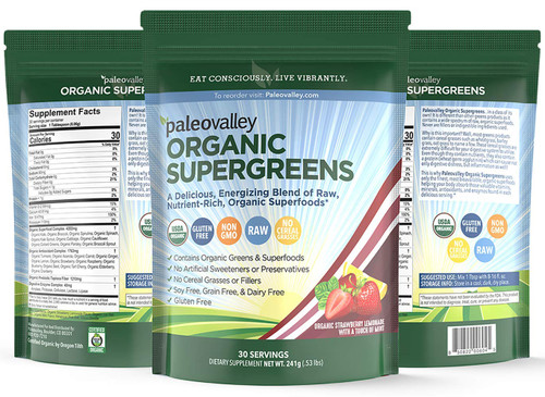 Paleovalley: Organic Supergreens -  Raw Green Superfood Powder - 30 Servings - Contains 23 Organic Superfoods - No Cereal Grasses, Soy, Grain, Dairy, Gluten or GMO - for Good Gut Health and Immunity