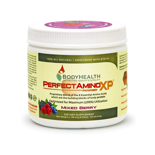 BodyHealth PerfectAmino XP Mixed Berry (30 Servings), Best Pre/Post Workout Recovery Drink, 8 Essential Amino Acids Energy Supplement with 50% BCAAs, 100% Organic, 99% Utilization for Maximum Power