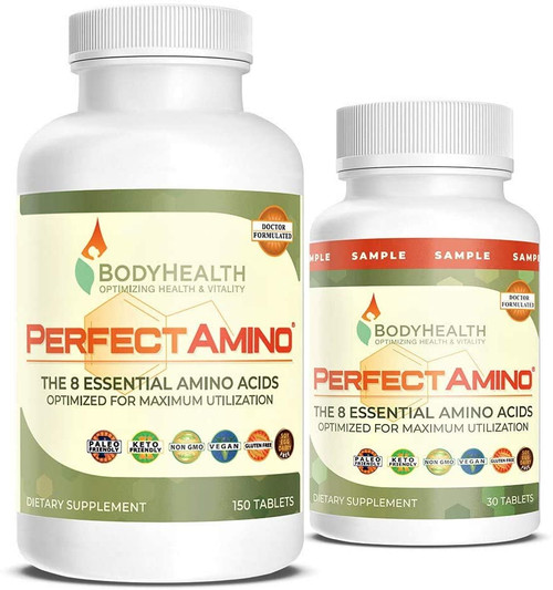 BodyHealth PerfectAmino Tablets (150ct plus 30ct sample) All 8 Essential Amino Acids with BCAAs + Lysine, Phenylalanine, Threonine, Methionine, Tryptophan, Supplement for Muscle Mass Production, Recovery & Strength