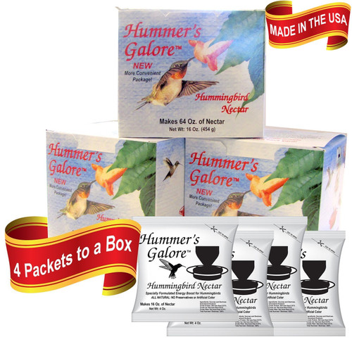 Hummers Galore, Hummingbird Food, All Natural Hummingbird Nectar for Healthy Hummingbirds, 3 Boxes of 4 Packets each 192oz
