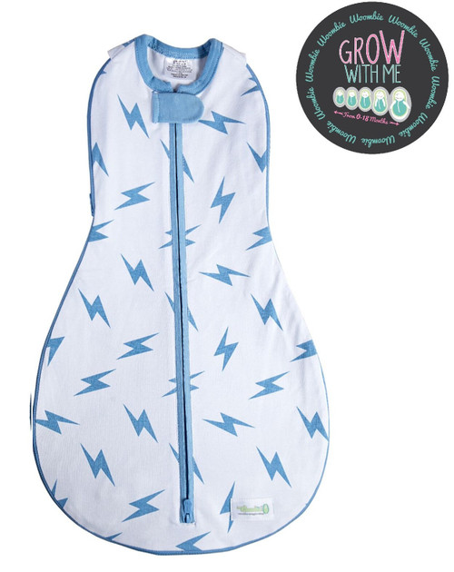 Woombie Grow with Me Baby Swaddle, Convertible Swaddle Fits Babies 0-9 Months - Expands to Wearable Blanket for Babies up to 18 Months, Blue Bolt