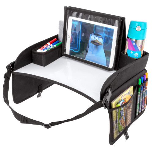 Lusso Gear Kids Travel Tray - Inspire Active Toddlers & Big Kids for Years w/ Dry Erase Board & Eating Snack Tray, No-Drop Tablet iPad Holder Stand & Art Supplies Storage Pockets
