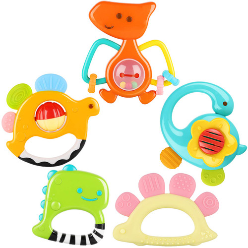 iPlay, iLearn Baby Rattle Set, Soothing Teether, Infant Dinosaur Rattle Toys, Hand Grab and Spin Shaker, Teething Sensory Toy, Newborn Shower Gifts for 3 6 9 12 Month Toddlers Boys Girls