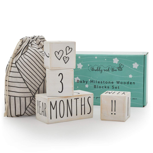 Wooden Milestone Blocks for Baby Boy & Girl - Gender Neutral Daily, Weekly & Monthly Baby Milestone Age Blocks for Baby Pictures - Made with Eco Friendly Premium Pine Wood & Certified Non Toxic Paint