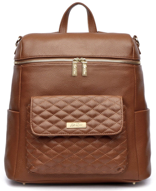 Monaco Diaper Bag Backpack by Luli Bebe - Chic Vegan Leather Diaper Bag Backpack with Large Luxury Quilted Gender Neutral Design, Stroller Straps, Changing Mat (Caramel Brown)