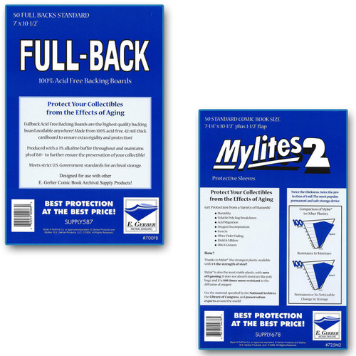 E. Gerber Full-Backs Standard 42-Mil Backing Boards and Mylites 2 Standard 2-Mil Comic Book Mylar Sleeves