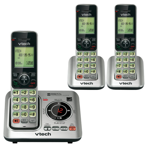 VTech CS6629-3 DECT 6.0 Expandable Cordless Phone with Answering System and Caller ID/Call Waiting,  Silver with 3 Handsets, 6.9" x 6.7" x 5.2