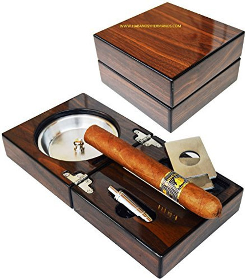 Habanos & Hermanos Extravaganza Collection, The Compact Cigar Ashtray with Cigar Cutter and Punch (Walnut)