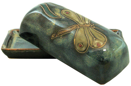 Mara Stoneware Collectible Butter Dish with Lid, Mexican Pottery, Blue with Dragonfly Design