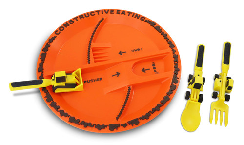 Constructive Eating Construction Combo with Utensil Set and Plate for Toddlers, Infants, Babies and Kids - Flatware Toys are Made in The USA with Materials Tested for Safety