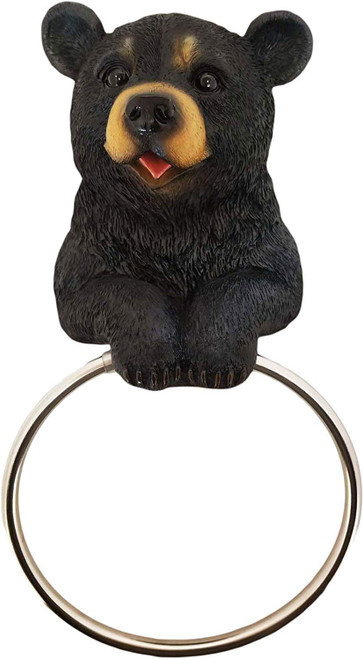 DWK - Hugo The Helper - Black Bear Towel Holder Ring Rustic Woodland Forest Themed Kitchen Bathroom Cabin Mancave Décor,  8-inch