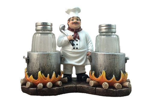 DWK - Spice Du Jour - French Country Chef with Flaming Pots Decorative Figurine Salt And Pepper Shaker Set Gourmet Cottage Kitchen Collectible Home and Dining Décor Accent, 6.5-inch