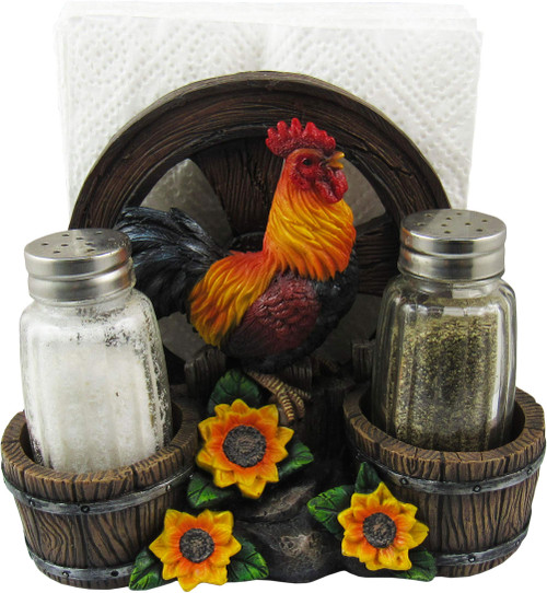 DWK 6" Country Diner Rooster with Wagon Wheel Farm Barrel and Sunflowers Napkin Holder with Salt & Pepper Shaker Set for Kitchen Dining Decor