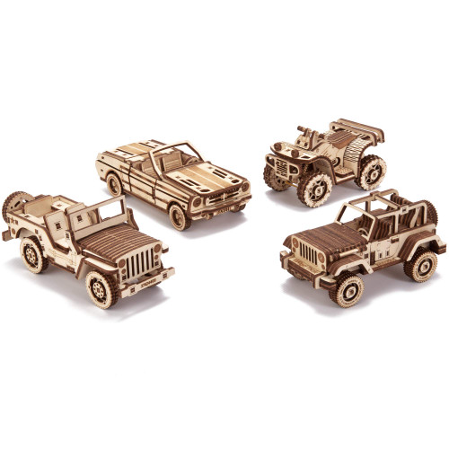Wood Trick 4-Pack Mechanical Model Cars Kits to Build - Jeep, ATV, Cabriolet, Safari - Set of Cars Playset - Moving Parts - 3D Wooden Puzzle, Assembly Constructor, Brain Teaser for Kids and Adults