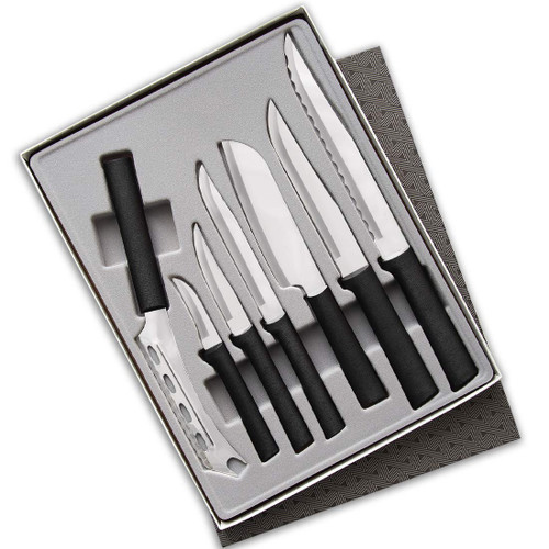 Rada Cutlery Knives Gift Set Stainless Blades Steel Resin, Set of 7, 11 1/4 Inches, Black Handle
