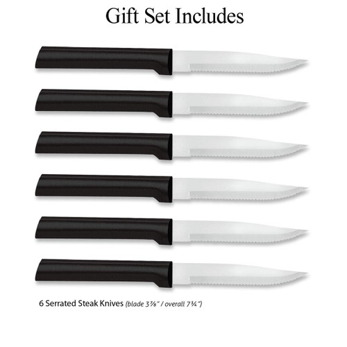 Rada Cutlery Serrated Steak Knife Set – Stainless Steel Knives with Black Stainless Steel Resin Handle, Set of 6