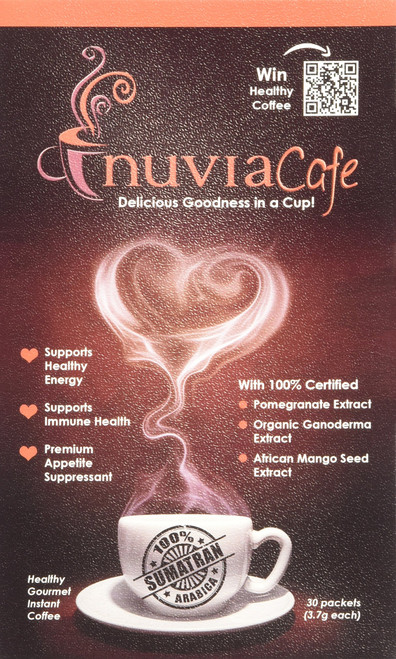 Nuvia Healthy Gourmet Instant Coffee, Dairy Free, Lactose Free, No GMOs, No Salt, Soy Free, Vegan, w/ Organic Ganoderma, Pomegranate and African Mango Extracts, Premium Appetite Suppressant, 30 packets, 3.7g each