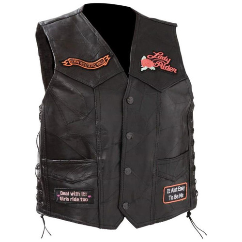 Diamond Plate Ladies Rock Design Genuine Leather Vest with Patches, Black