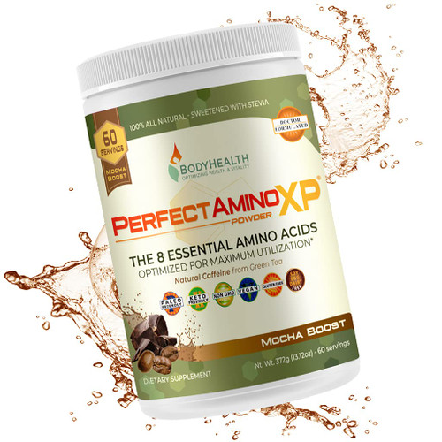 BodyHealth PerfectAmino XP Mocha Boost (60 Serving), Best Pre/Post Workout Recovery Drink, 8 Essential Amino Acids Energy Supplement with 50% BCAAs, 100% Organic, 99% Utilization