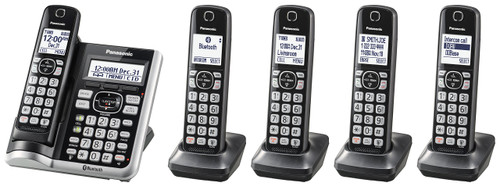 Panasonic Link2Cell Bluetooth Cordless Phone System with Voice Assistant, Call Block and Answering Machine, Expandable Home Phone with 5 Handsets – KX-TGF575S (Black with Silver Trim)