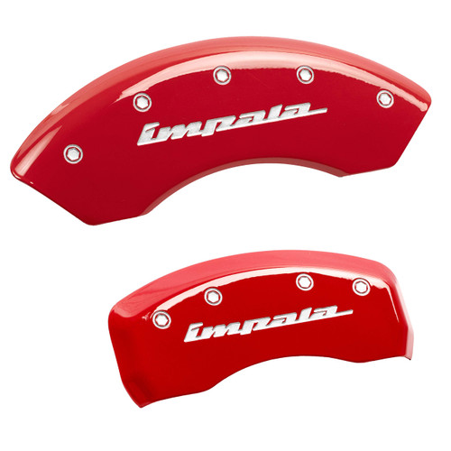 MGP Caliper Covers 14223SIMPRD 'Impala' Engraved Caliper Cover with Red Powder Coat Finish and Silver Characters | Set of 4