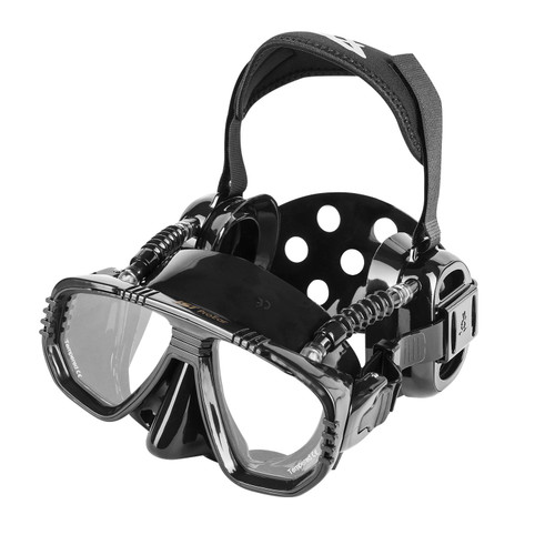 IST ProEar Dive Mask with Ear Covers, Scuba Diving Pressure Equalization Gear, Tempered Glass Twin Lens, (Black Silicone)