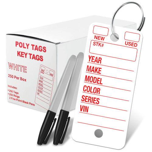 Poly Tag Key Tags with Ring ( White ) – 250 Key Tag Count. Includes 250 Rings and 2 Fine Point Pens. Car Key Tags Plastic | Automotive Key Tags | Dealer Tags
