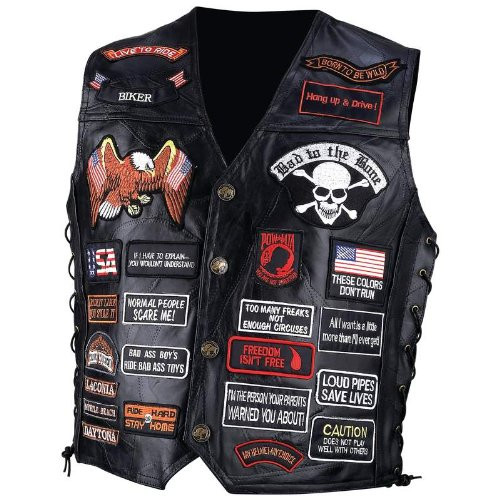 Diamond Plate Rock Design Genuine Leather Biker Vest with 42 Patches - Large
