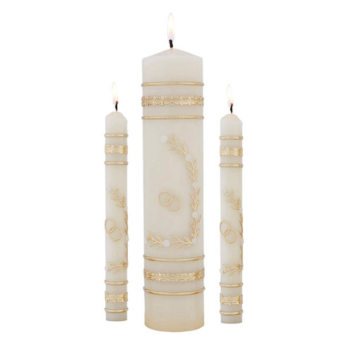 Will & Baumer Gold Toned Floral Wedding Candle Unity Set with Ring Design, Set of 3