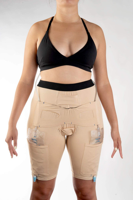 Cathwear Catheter Leg Bag Underwear - Leg Bag Holder for Men & Women - Catheter Supplies Compatible with Foley, Nephrostomy, Suprapubic & Biliary Catheters Holds (2) 600ml Leg Bags - Beige | Small