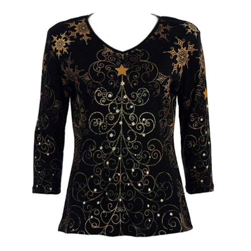 Jess & Jane 15-811 BK Christmas Star Cotton Tops 100% Cotton Baby Rib - XL