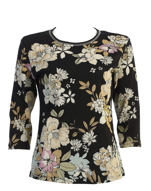 Jess & Jane Women's Peony Cotton Tee Shirt Top | 14-1645 BK Medium