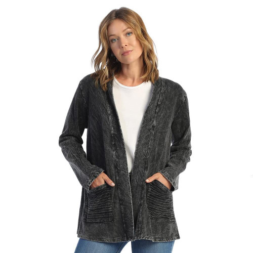 Jess & Jane Mineral Washed 100% Cotton Fleece Open Cardigan Black Large