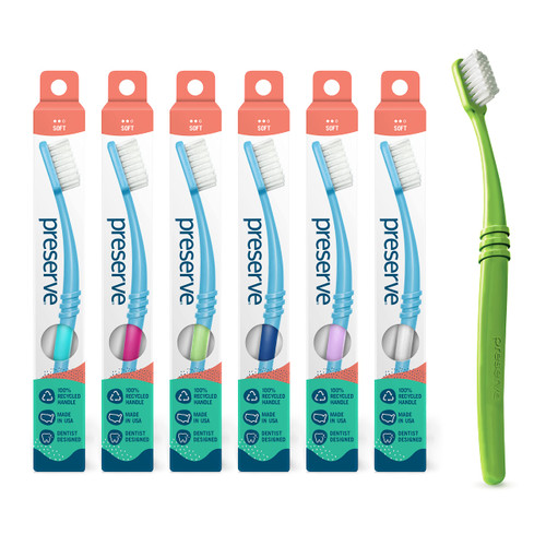 Preserve Eco Friendly Adult Toothbrushes, Made in The USA from Recycled Plastic, Soft Bristles, Colors Vary, 6 Count