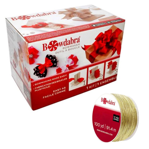 Bowdabra Designer Bow Maker Kit, Large Bundle w/ 100yd Gold Bow Wire for Creating Gift Bows, Swags, Decorations, Hair Bows, Party Favors, Corsages