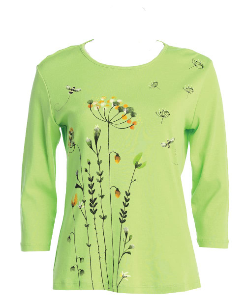 Jess & Jane Busy Bees Floral Print Cotton Top 14-1457 (1X, Lime)