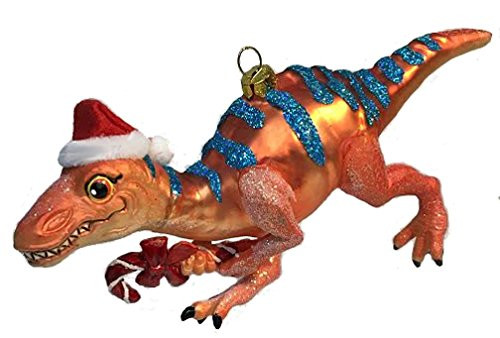 December Diamonds Blown Glass Ornament - Tarascosaurus Dinosaur with Candy Cane & Santa Hat