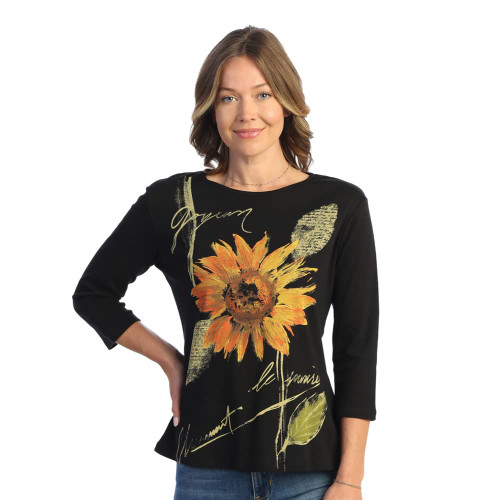Jess & Jane Sunflower Abstract Print Womens Cotton Top - 1X, Black