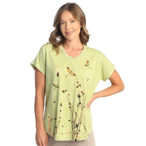 Jess & Jane V Neckline Short Sleeve Top M91 (Small, Together Cactus)