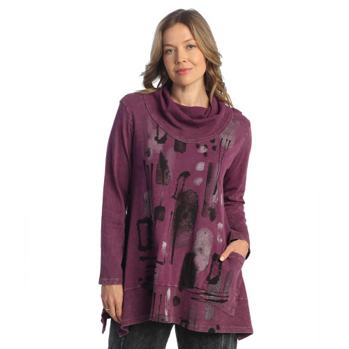 Jess & Jane Abstract Print Mineral Washed Jersey Knit Tunic M74 (Small, Maze Plum)