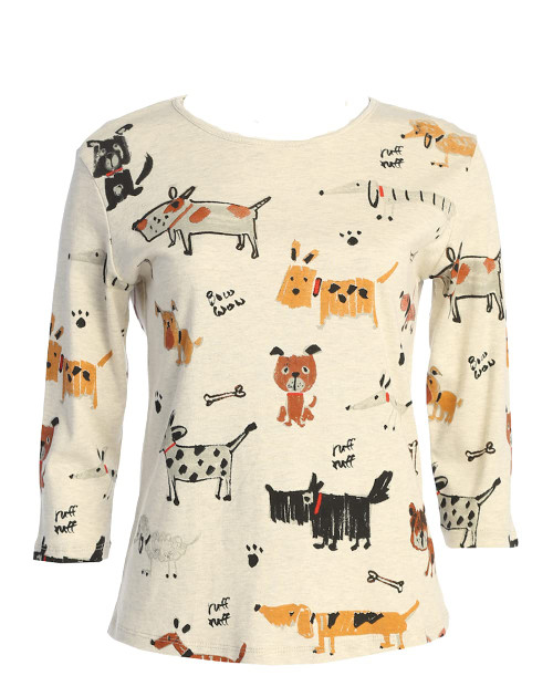 Jess & Jane Critters Dog Lovers Print Cotton Top 14-1442 (Oatmeal)