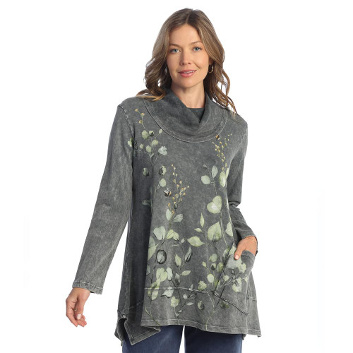 Jess & Jane Abstract Print Mineral Washed Jersey Knit Tunic M74 (Small, Kelly Charcoal)