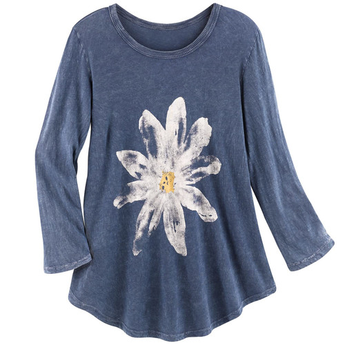 Jess & Jane Women's Watercolor Daisy Print Tunic Top - 3/4 Sleeves Shirt, Blue - Large, Navy Blue