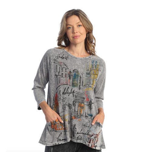 Jess & Jane Women's Coloring Mineral Washed Patch Pocket Cotton Tunic  - Large, Cityscape Midnight