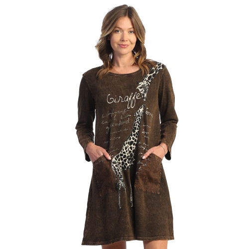 Jess & Jane Mineral Washed Dress w/Patch Pockets M86 (Large, Giraffe Song Chocolate)