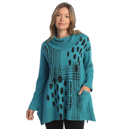 Jess & Jane Abstract Print Mineral Washed Jersey Knit Tunic M74 (Small, Mix Match Jet Teal)