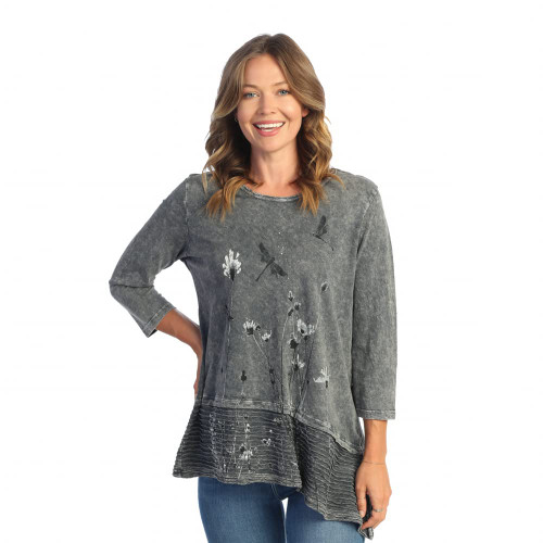 Jess & Jane Women's Free Fly Mineral Washed Cotton Wavy Contrast Asymmetric Tunic Top - Medium, Together Charcoal